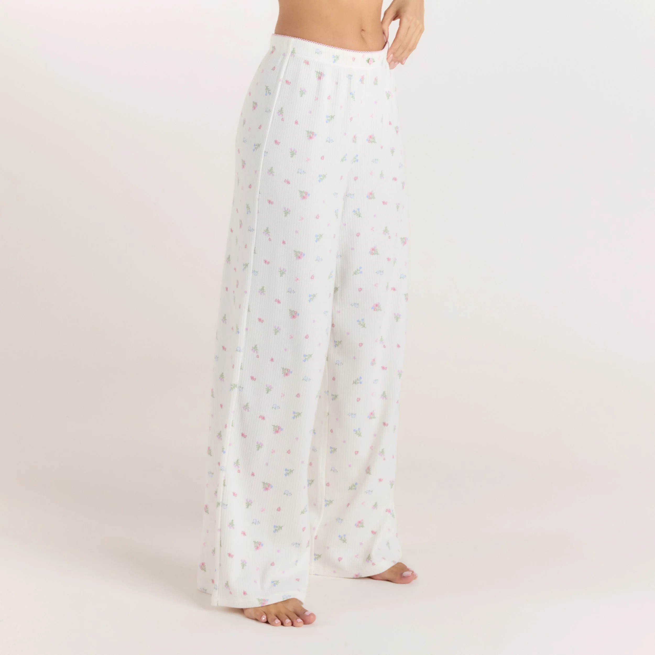 Ribbed Pajama Pants - White Floral - Image 5