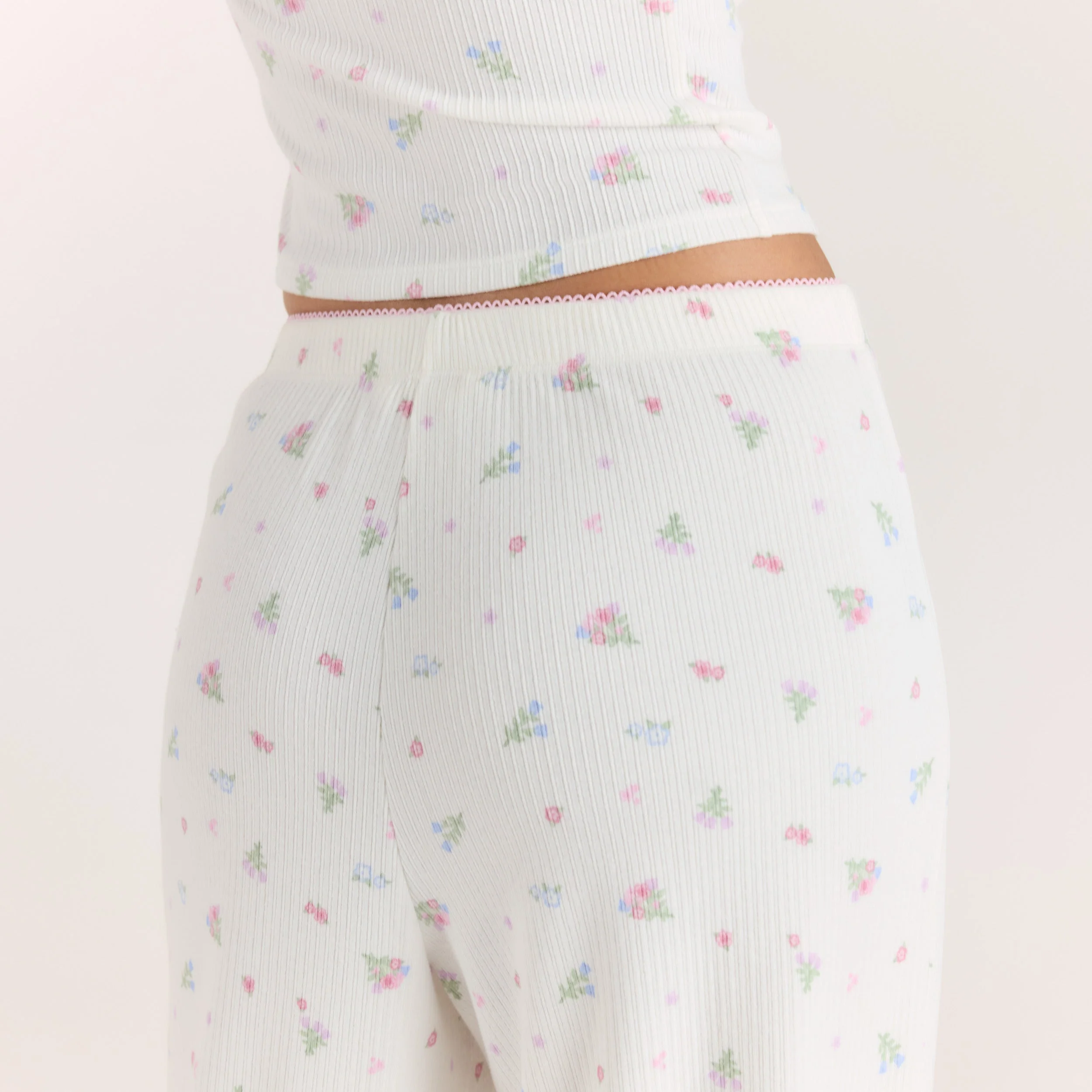 Ribbed Pajama Pants - White Floral - Image 6