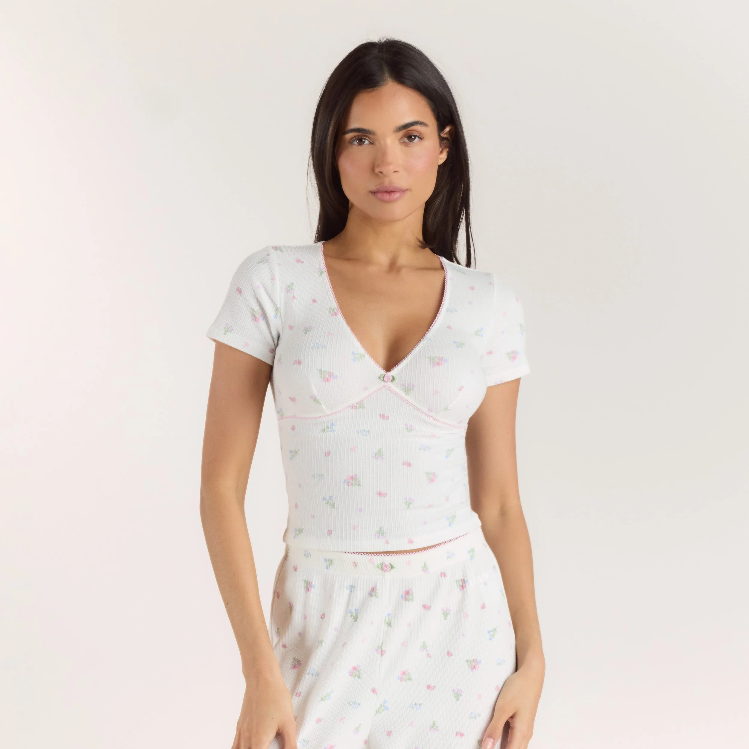 Ribbed Short-Sleeve Pajama Top - White Floral