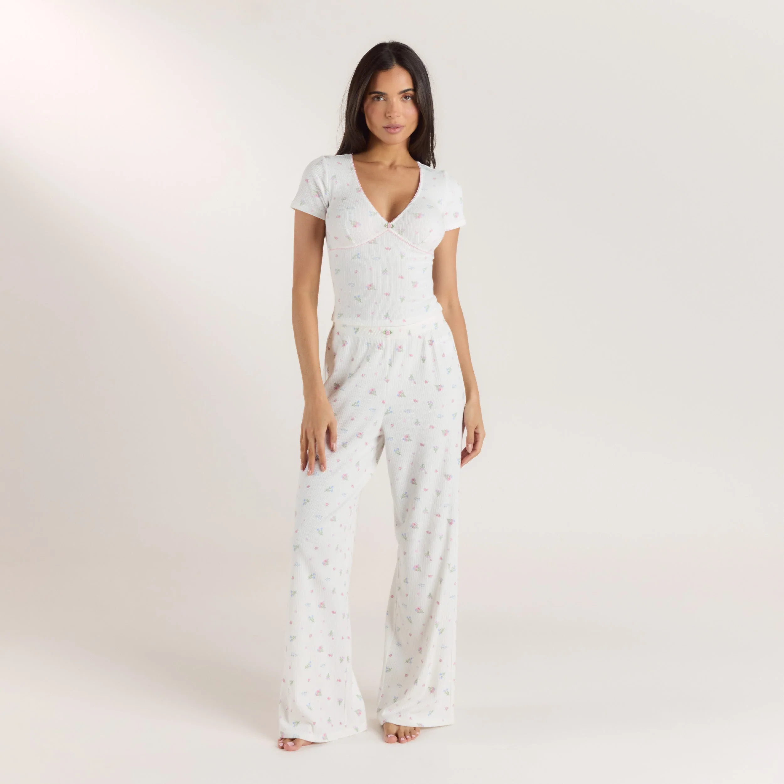 Ribbed Short-Sleeve Pajama Top - White Floral - Image 3