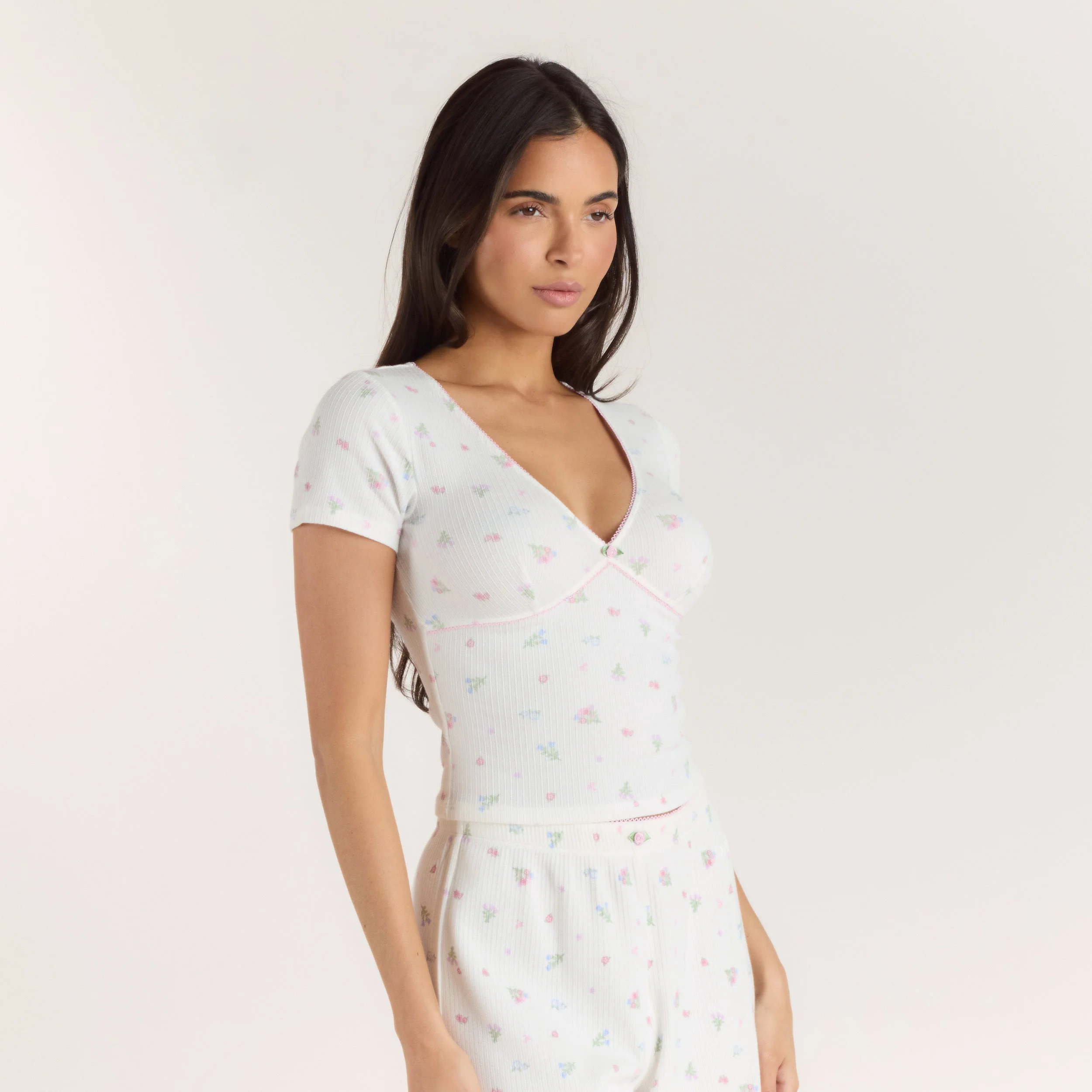 Ribbed Short-Sleeve Pajama Top - White Floral - Image 5