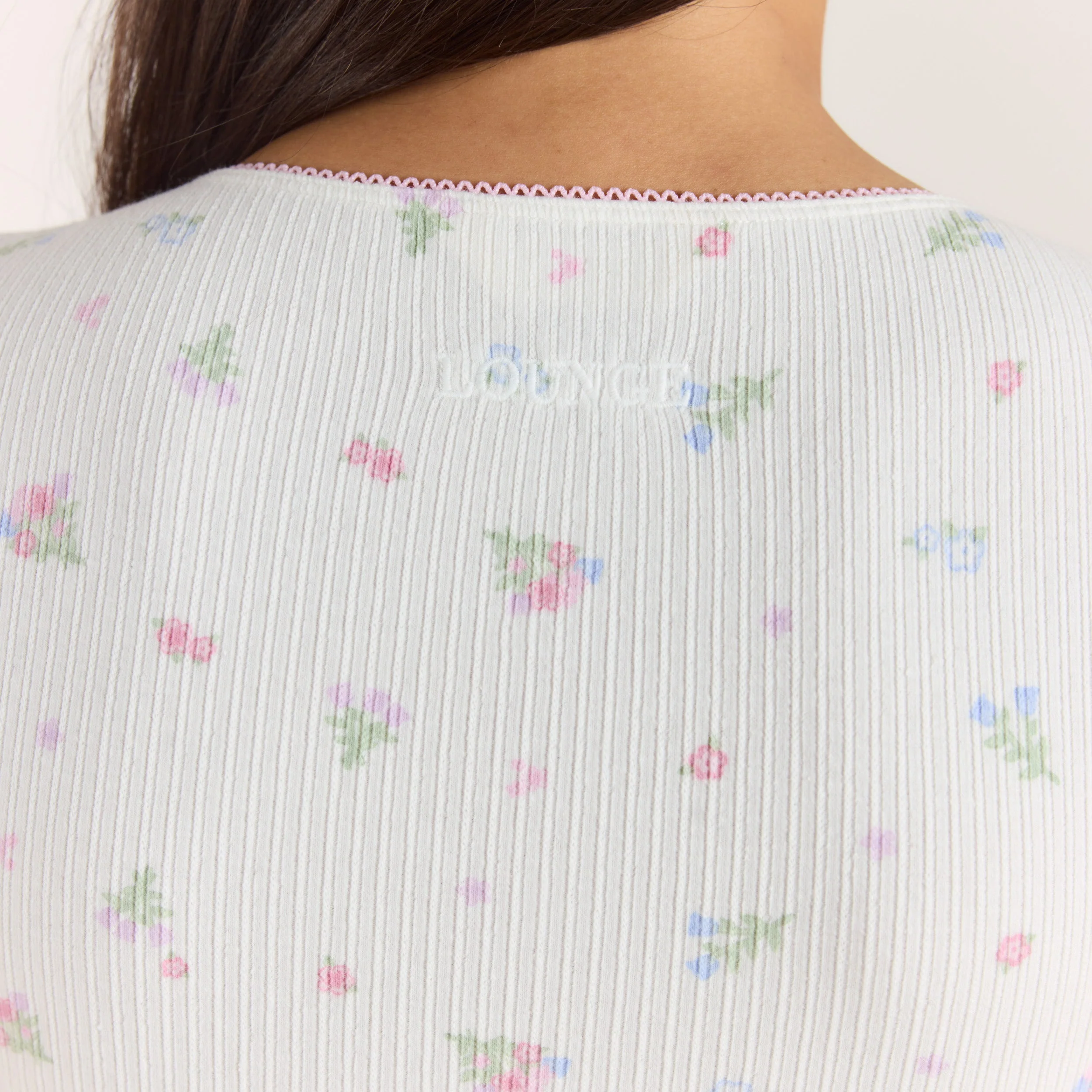 Ribbed Short-Sleeve Pajama Top - White Floral - Image 6