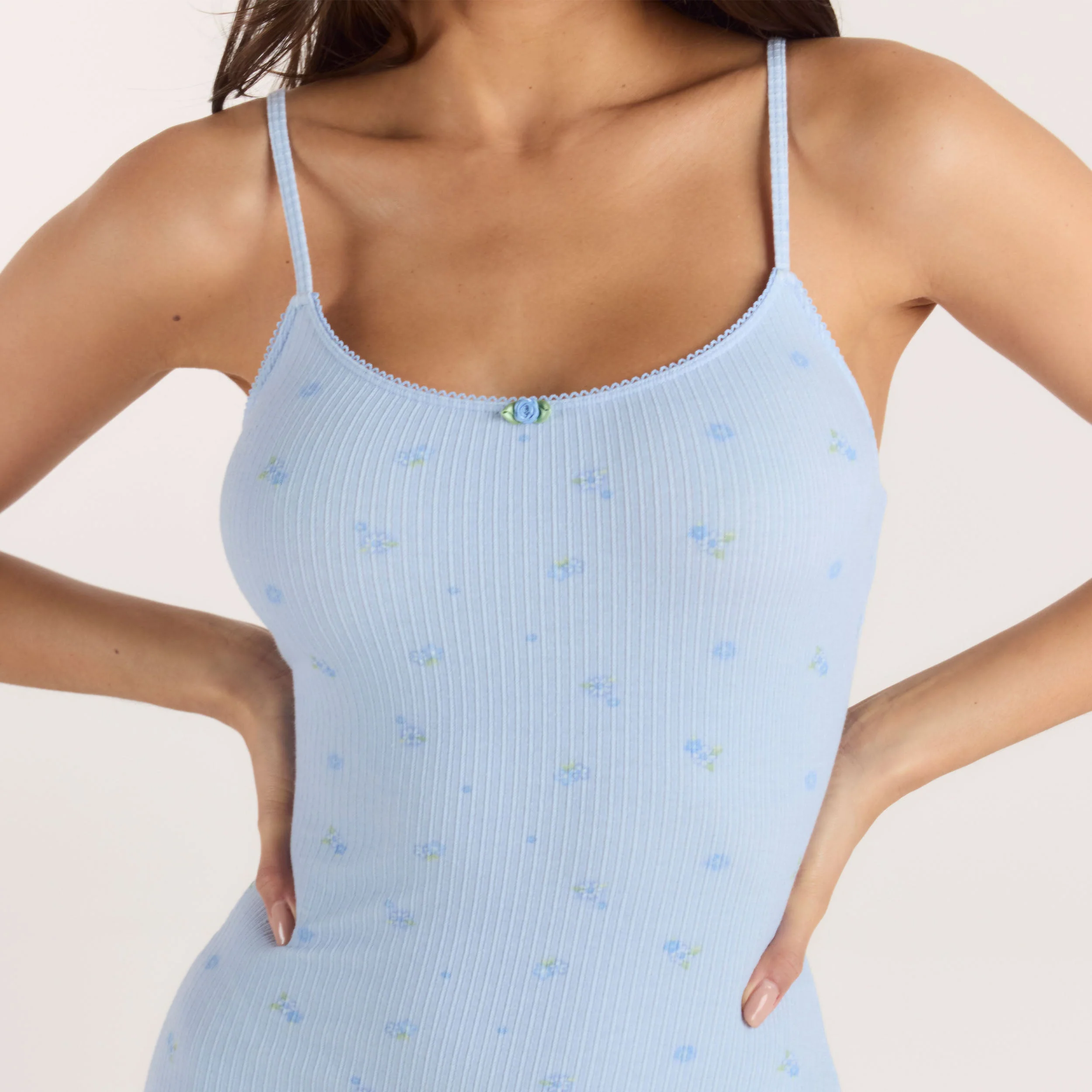 Ribbed Strappy Romper - Blue Floral - Image 4