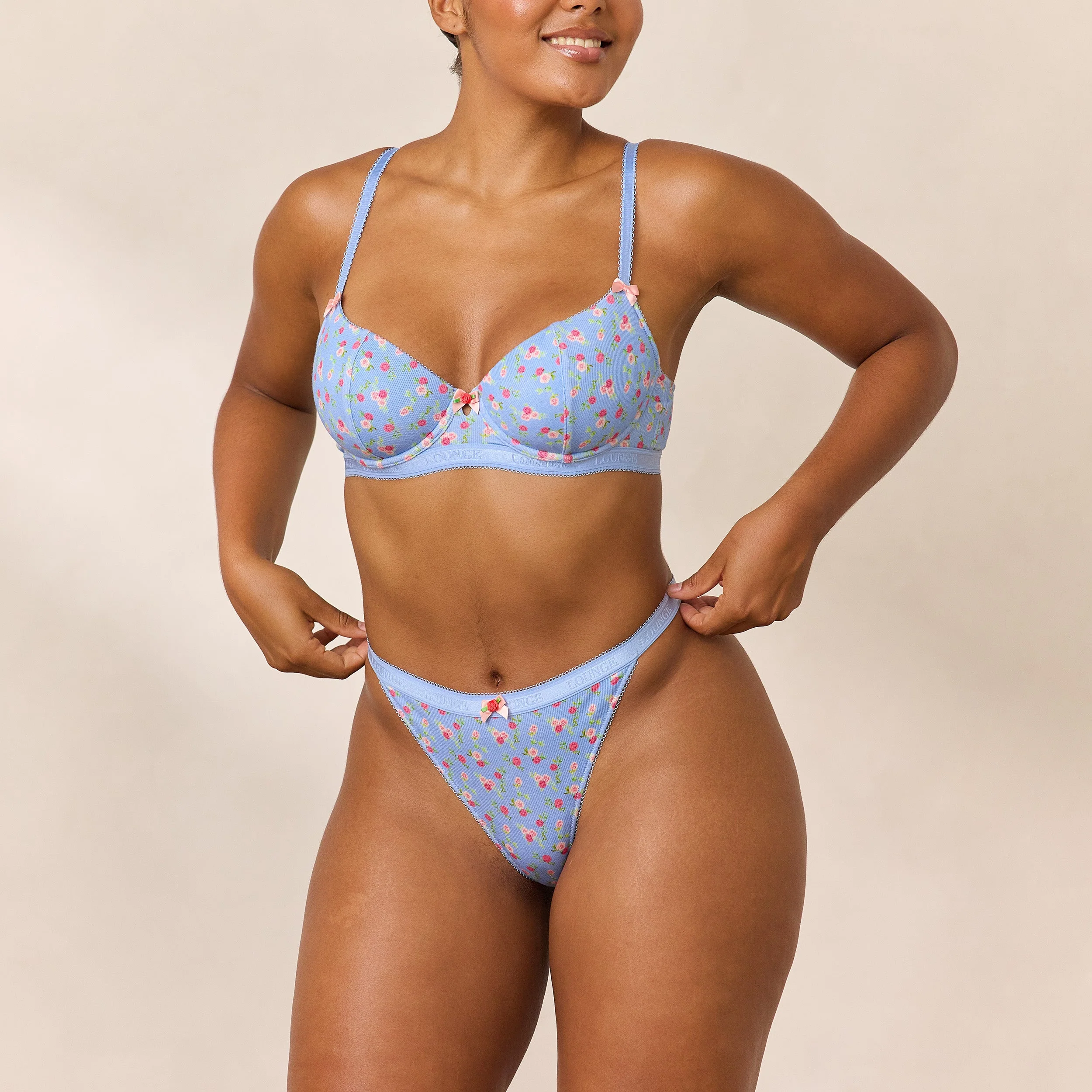 Rosebud Ribbed Balcony Bra  - Blue Floral - Image 3