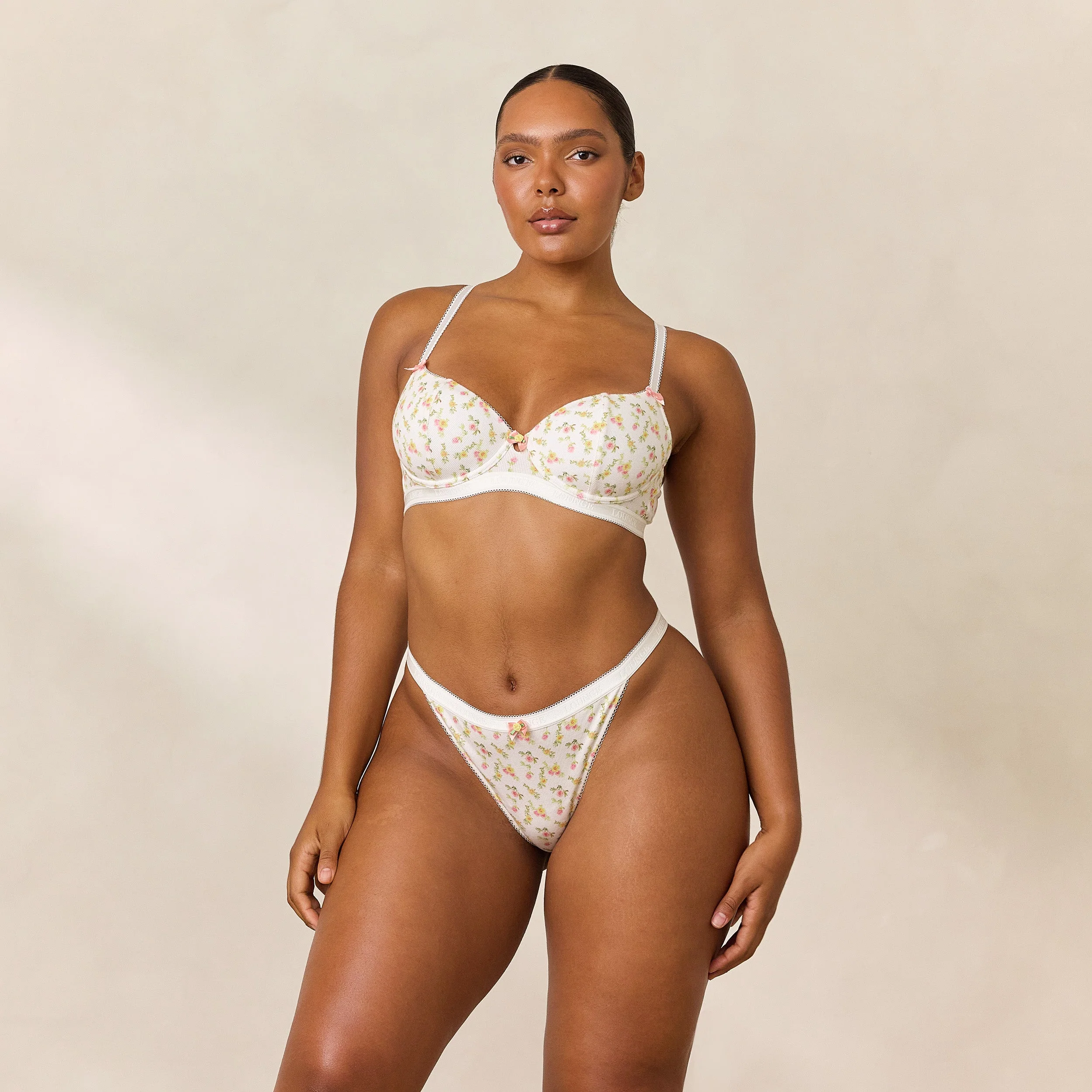 Rosebud Ribbed Balcony Bra  - White Floral - Image 3