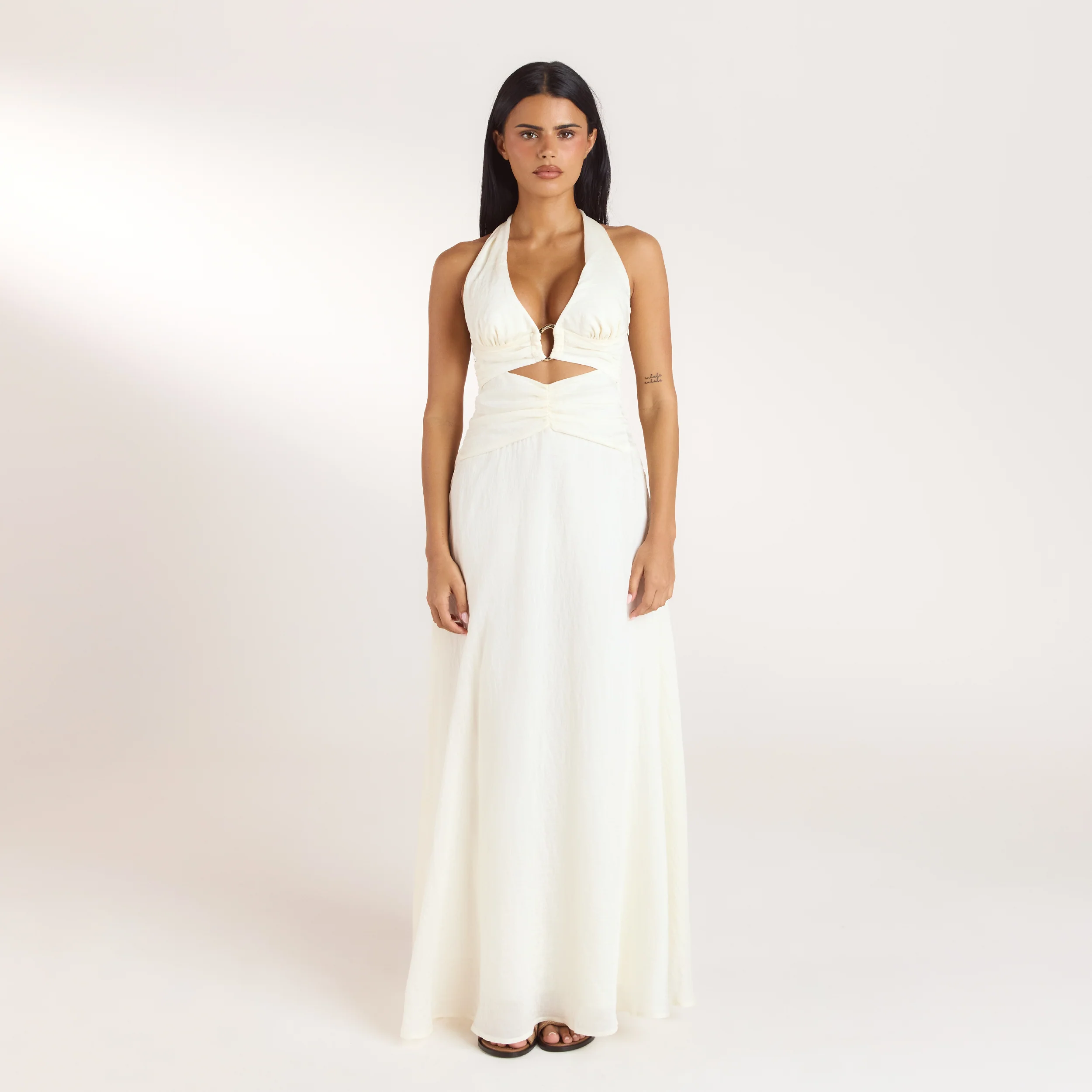 Ruched Tencel Maxi Dress - Cream - Image 4