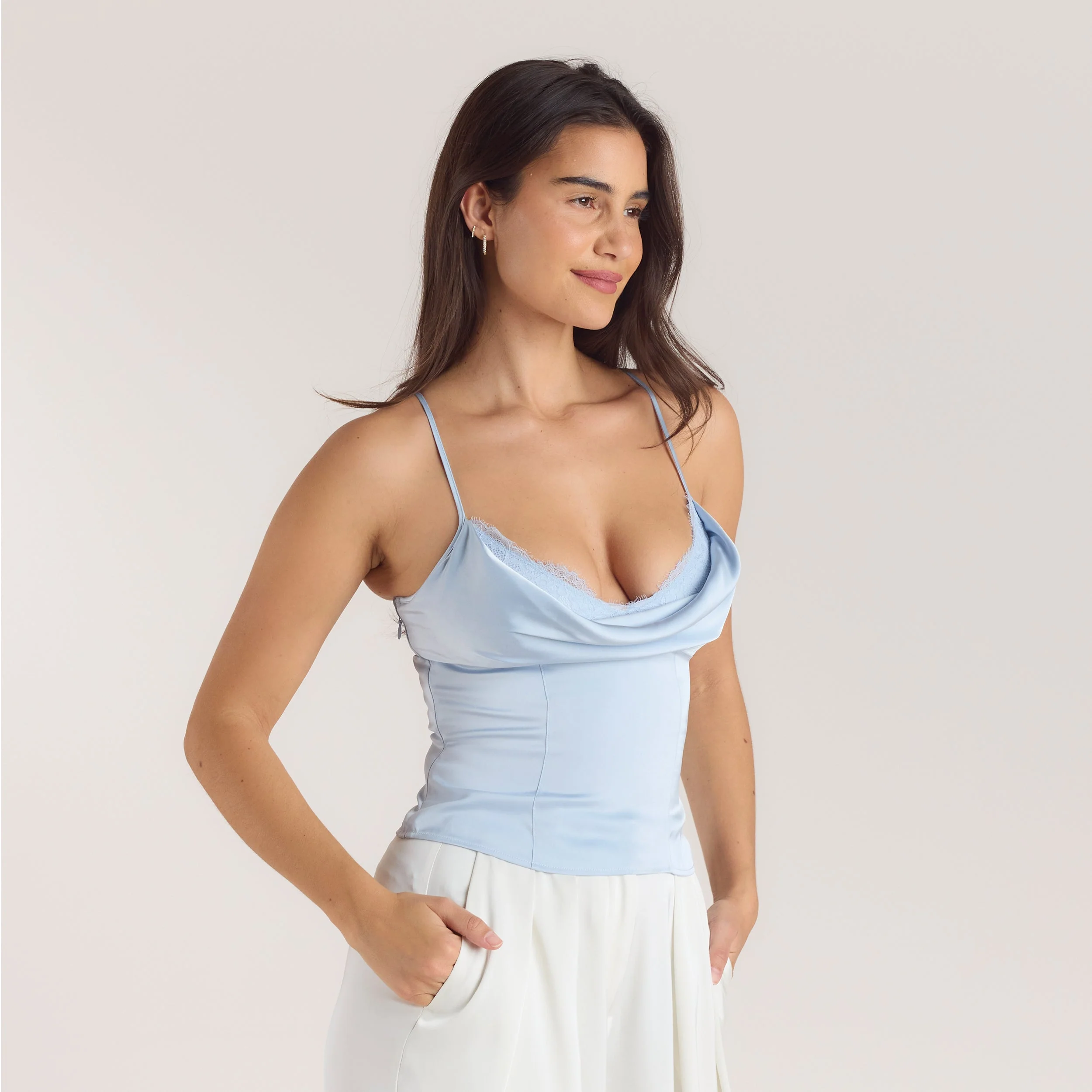 Satin Cowl Neck Cami Top - Blue - Image 5