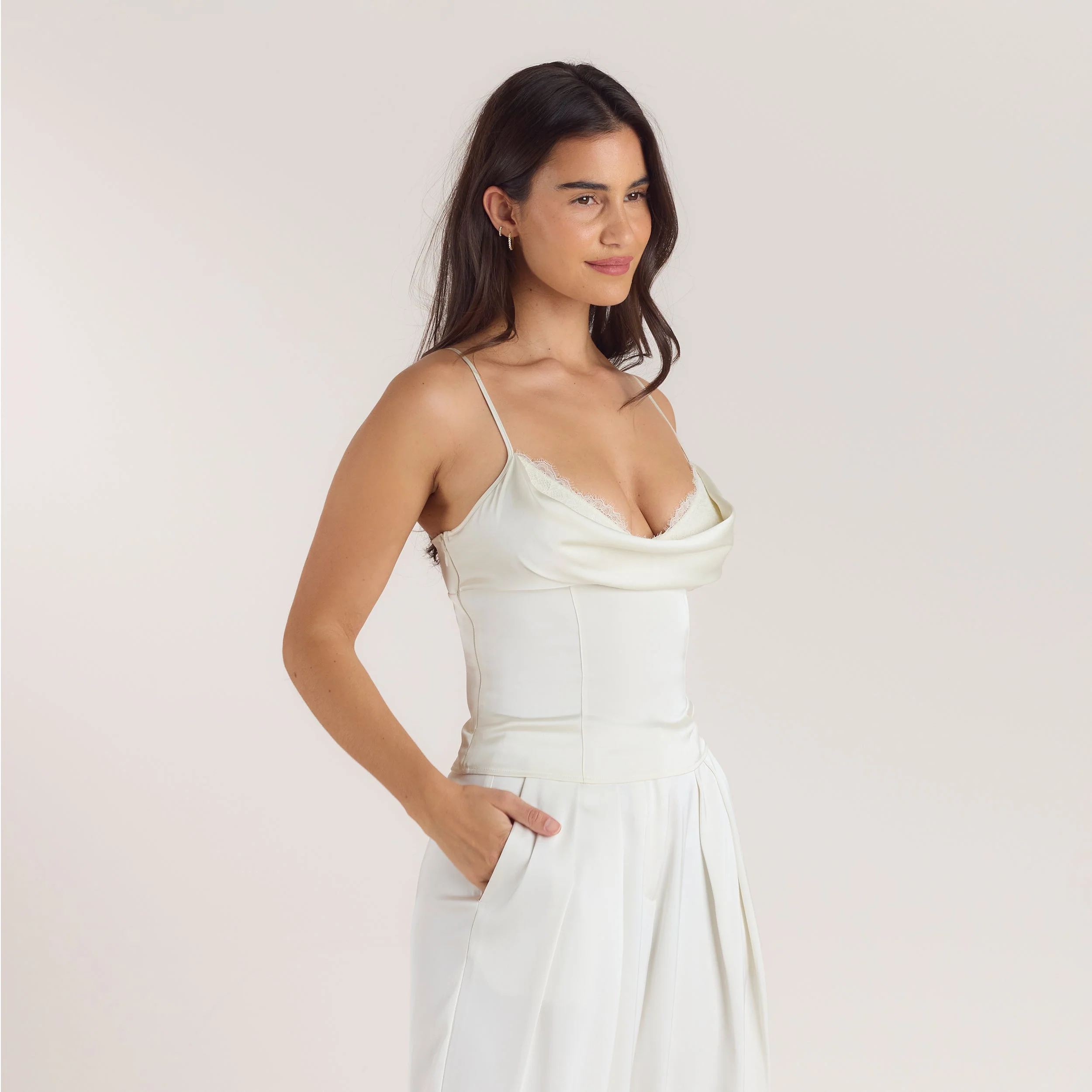Satin Cowl Neck Cami Top - Cream - Image 6