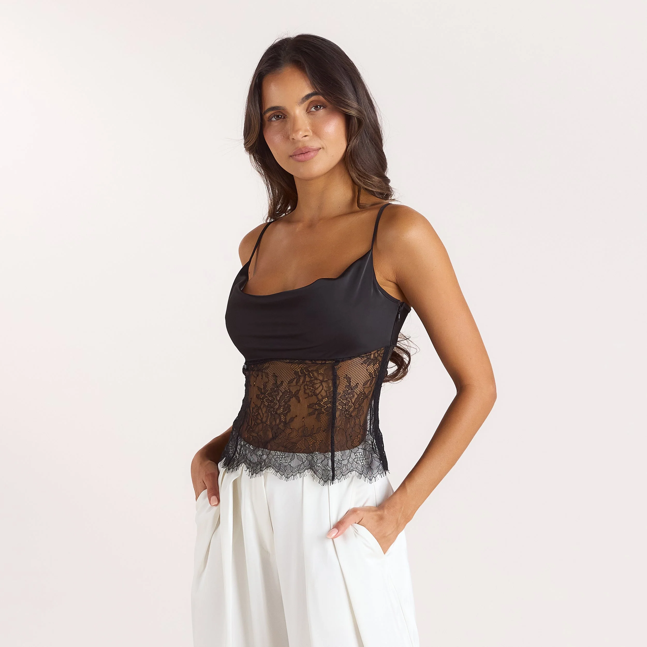 Satin Cowl-Neck Cami Top - Black - Image 5