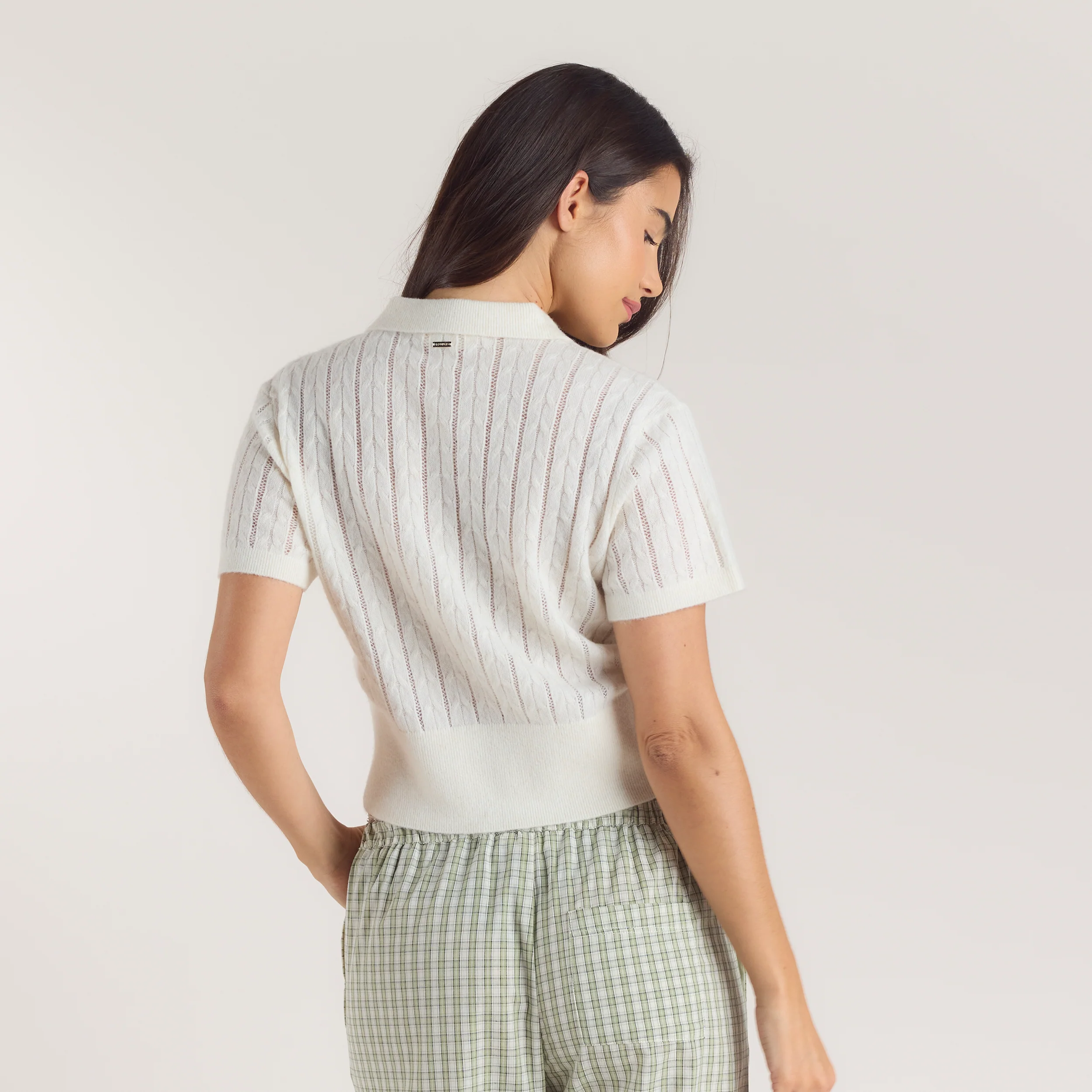 Sheer Knitted Polo Top - Cream - Image 2
