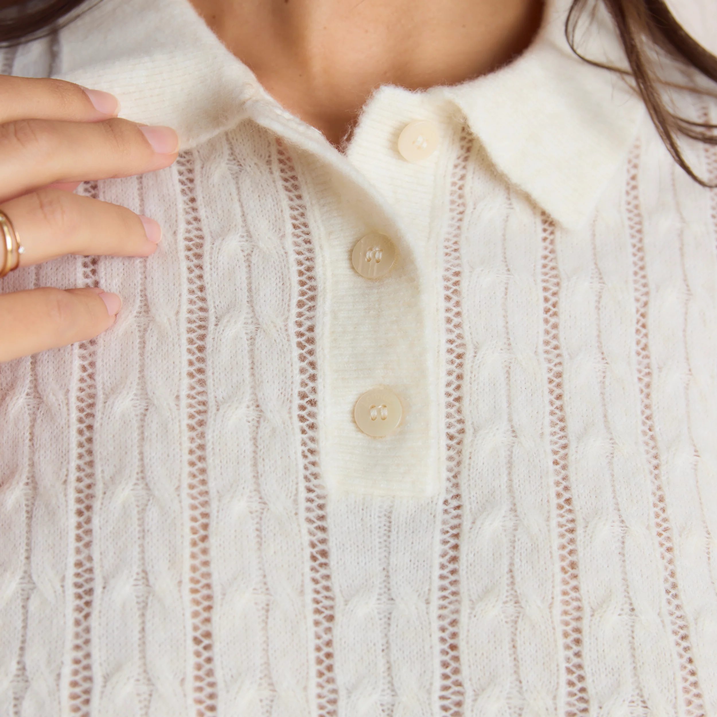 Sheer Knitted Polo Top - Cream - Image 4