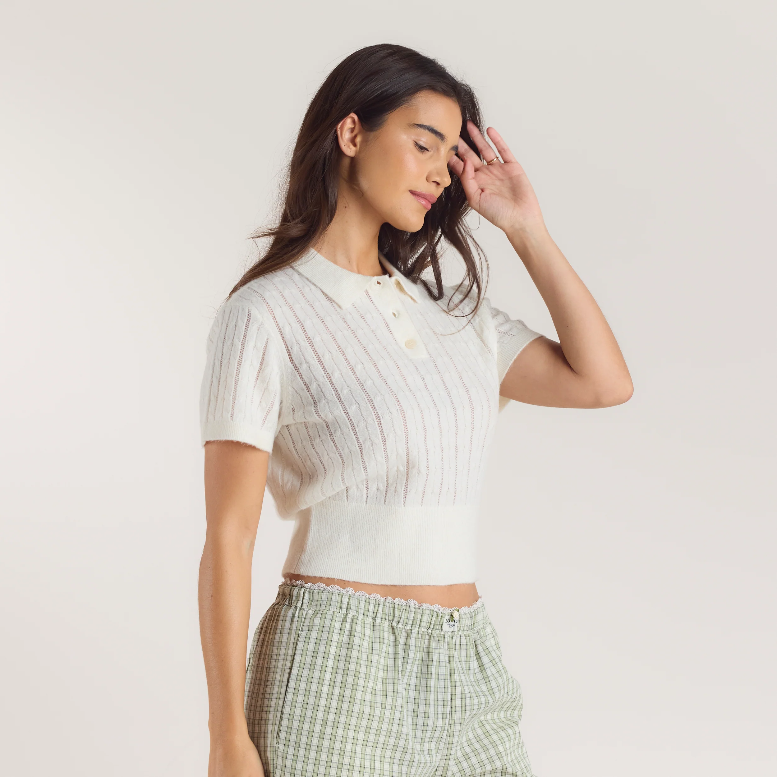 Sheer Knitted Polo Top - Cream - Image 5