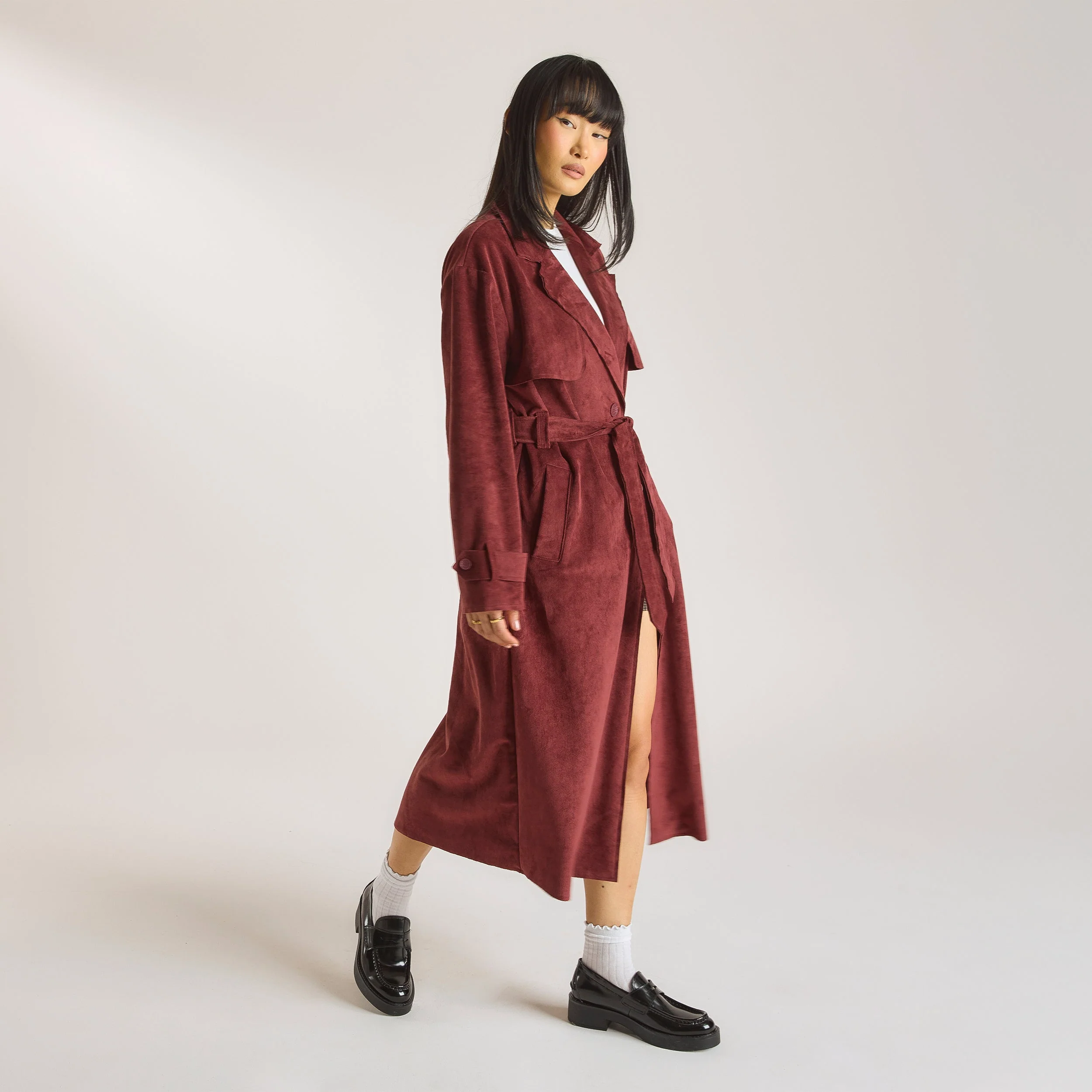 Suedette Trench Coat - Burgundy - Image 2