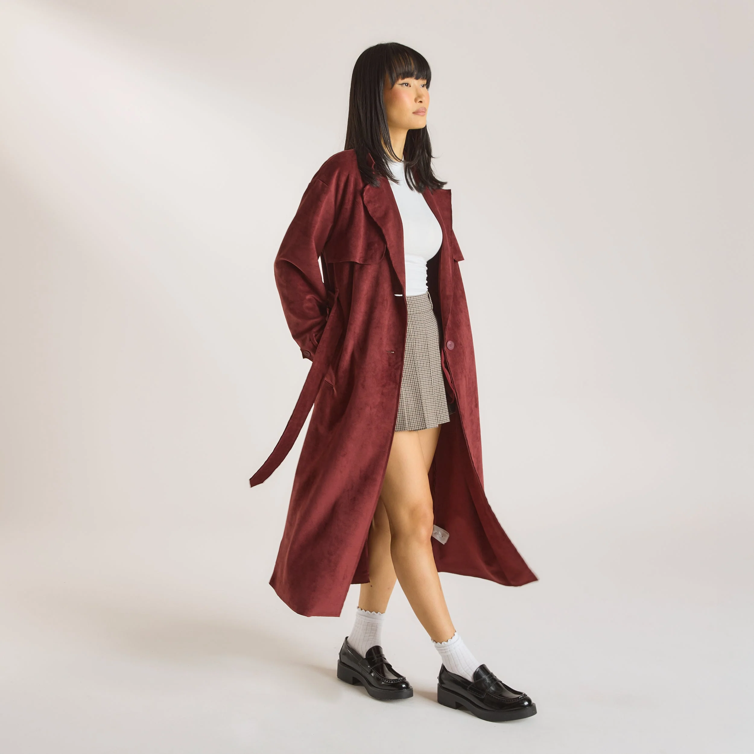 Suedette Trench Coat - Burgundy - Image 5