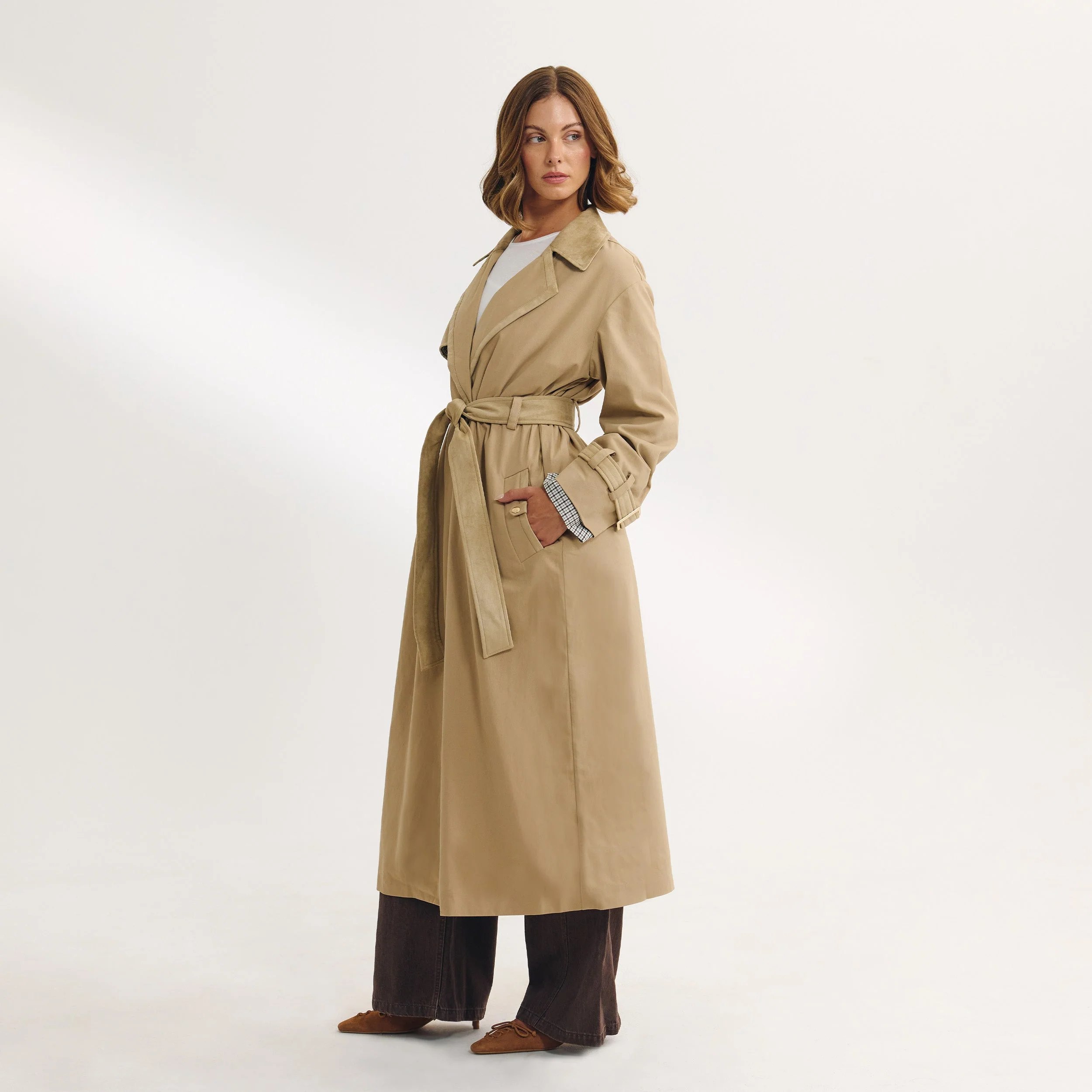 Suedette Trim Trench Coat - Sand - Image 2