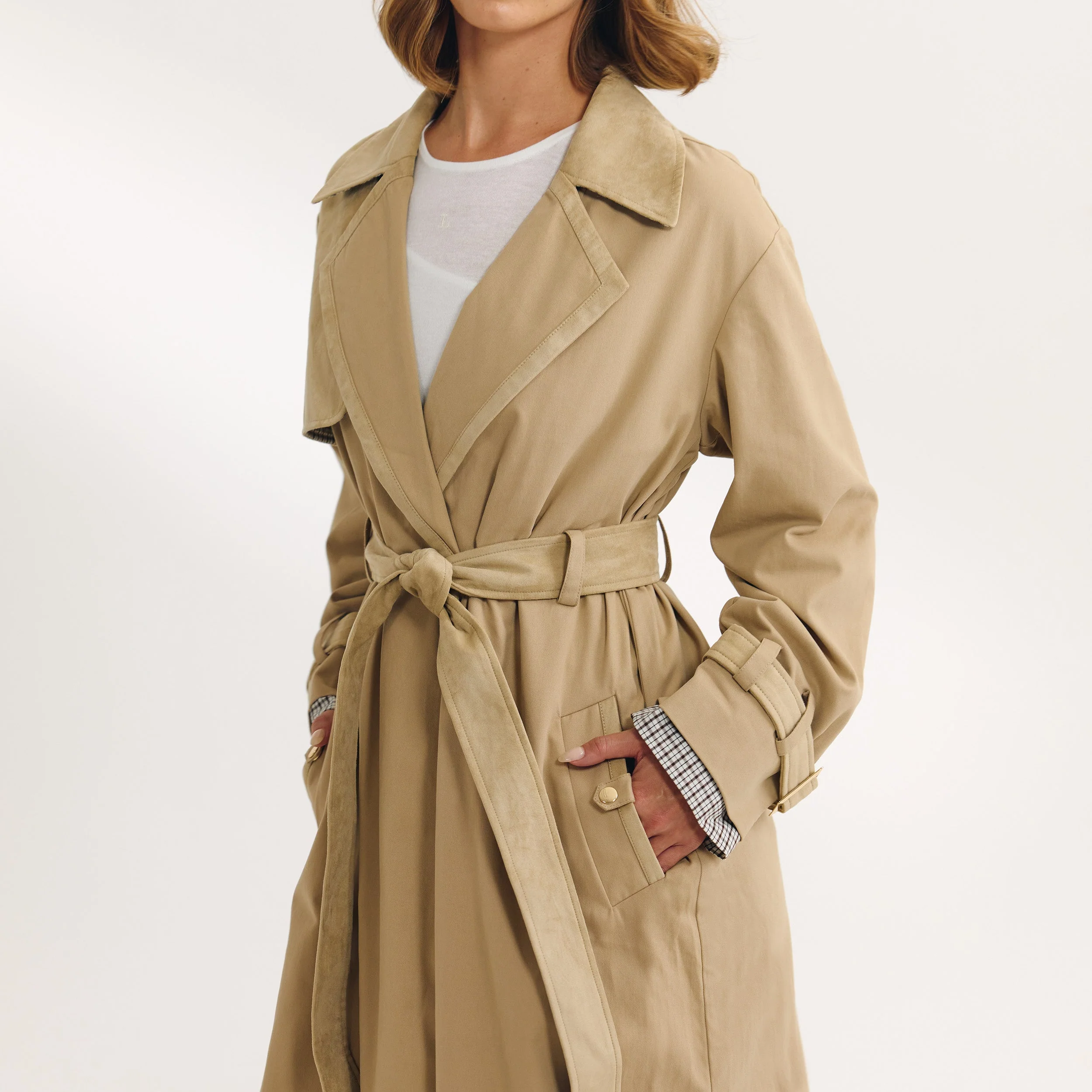 Suedette Trim Trench Coat - Sand - Image 3