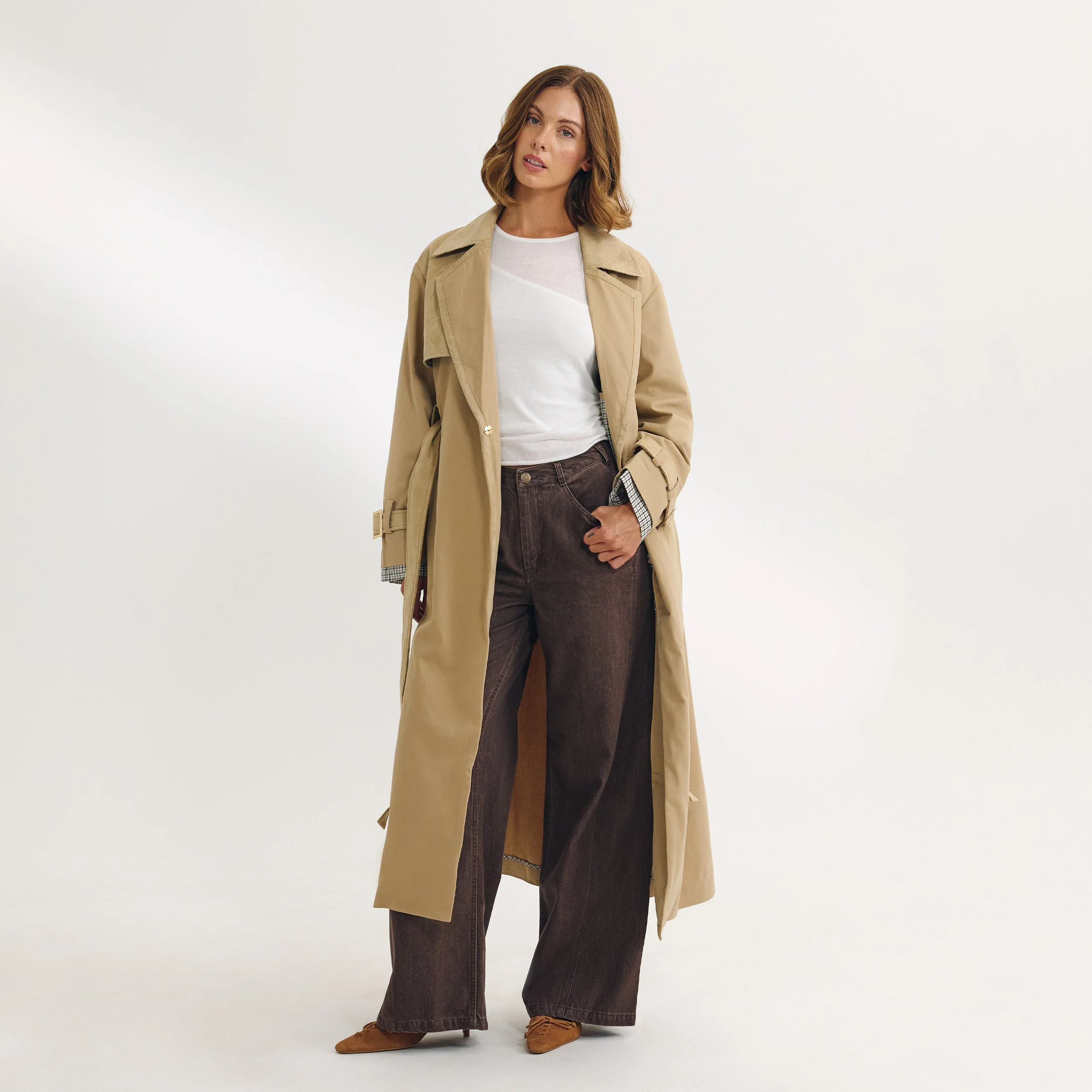 Suedette Trim Trench Coat - Sand - Image 5