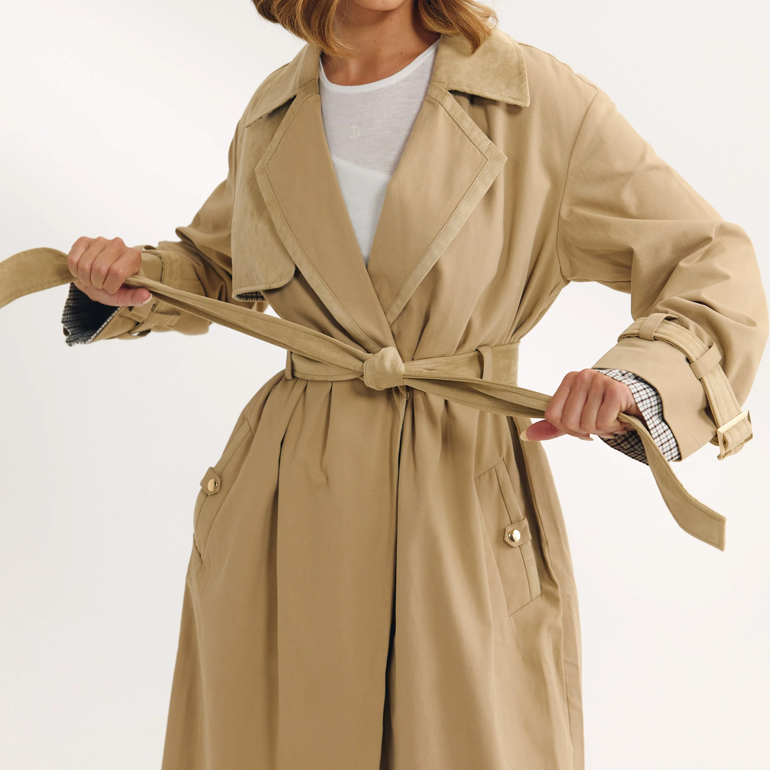Suedette Trim Trench Coat - Sand - Image 7