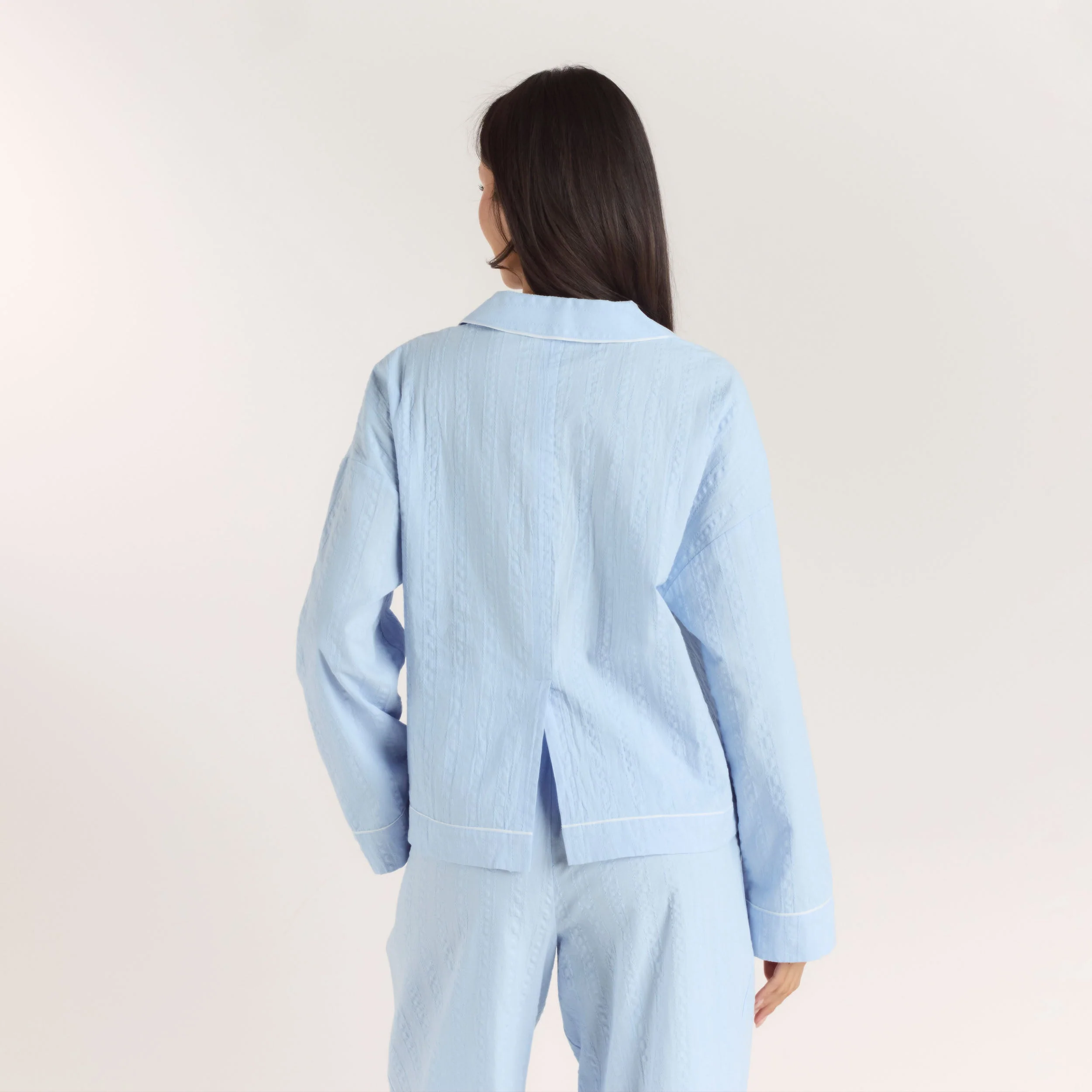 Textured Cotton Pajama Shirt - Blue - Image 2