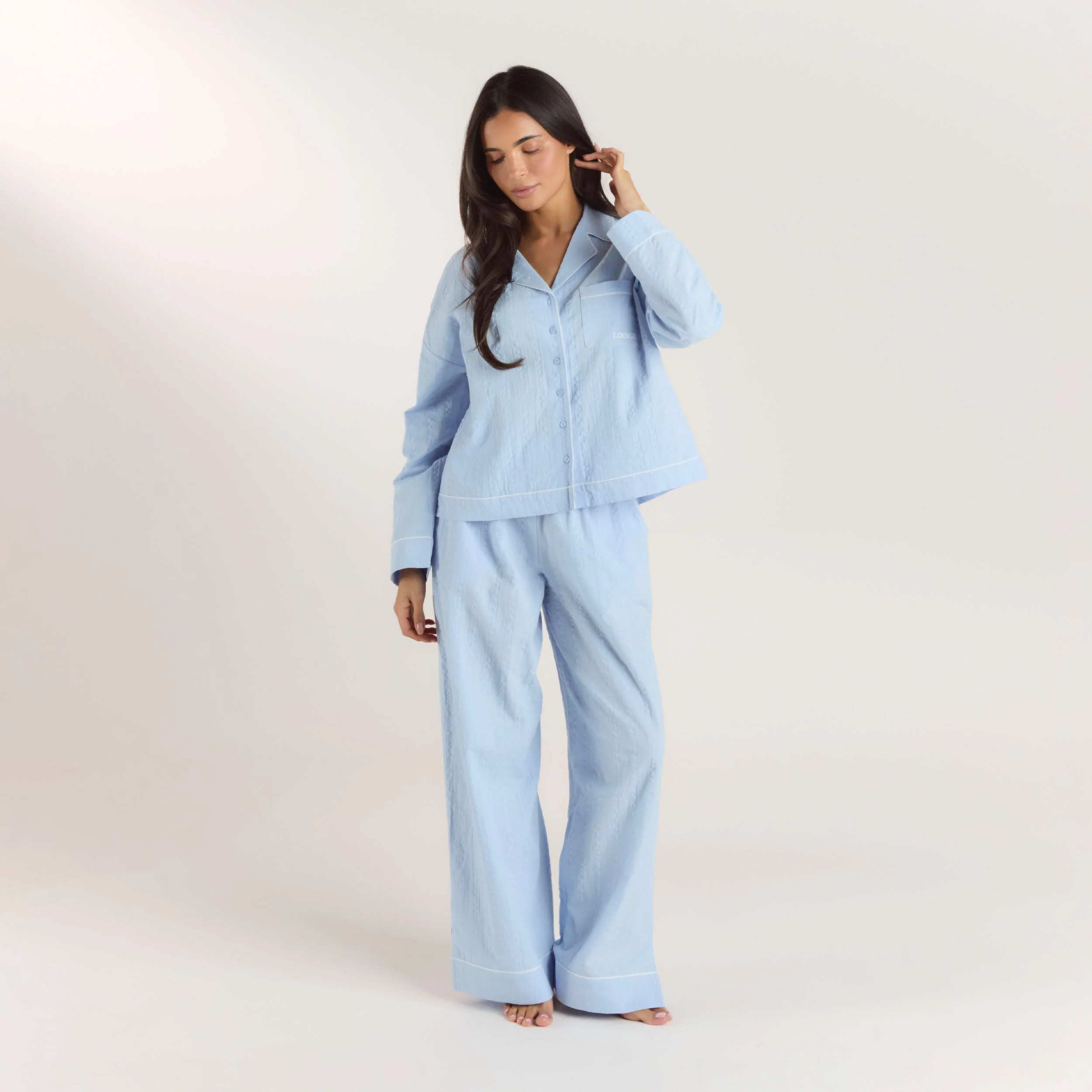 Textured Cotton Pajama Shirt - Blue - Image 3