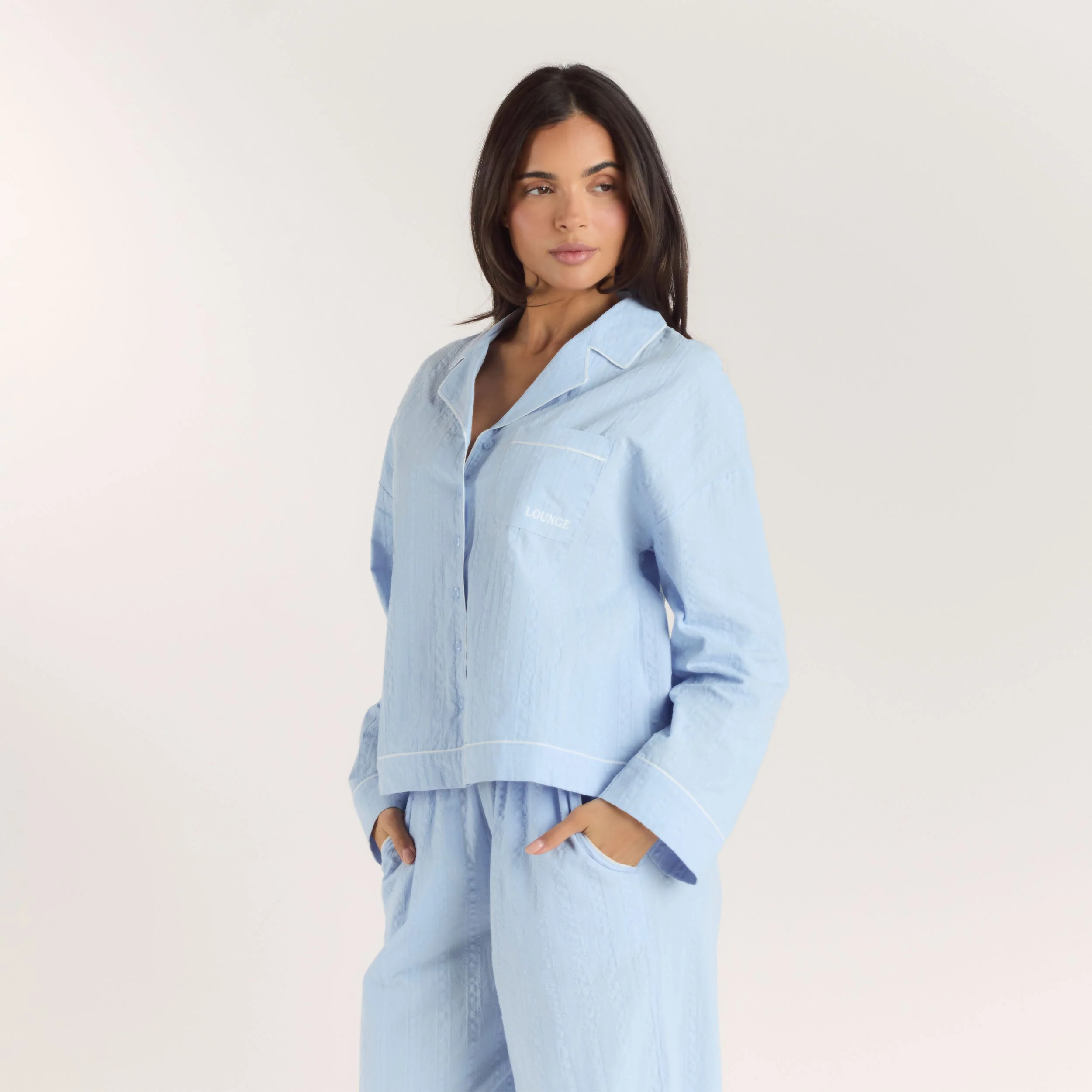 Textured Cotton Pajama Shirt - Blue - Image 5